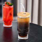 Vertical stripes pattern Glasses with Wood Lid-Pack of 2