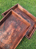 Handcrafted Carved Antique Wooden Trays 3pcs