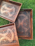 Handcrafted Carved Antique Wooden Trays 3pcs
