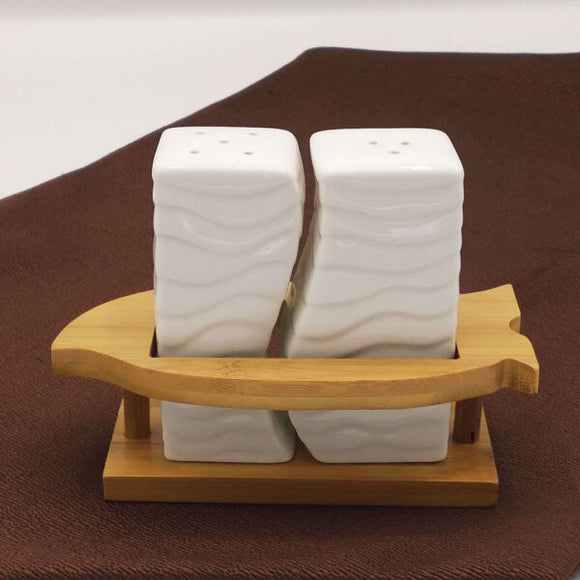 White Ceramic Salt & Pepper Set with Bamboo Stand