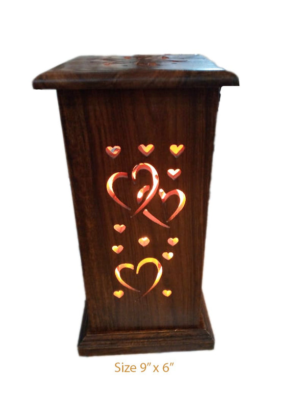 Wooden Table Electric Heart Shaped Carving Handicrafted Lamp Home Decoration Piece