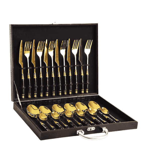 Luxury Modern Gold & Black Marbled Handle Cutlery Set-25 Pcs