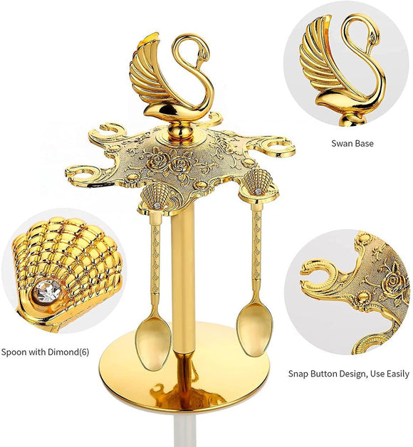 Swan Base Holder with 6 Spoons- Golden