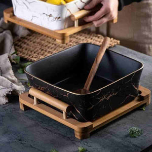 Onix Square Serving Bowl with Wooden Base