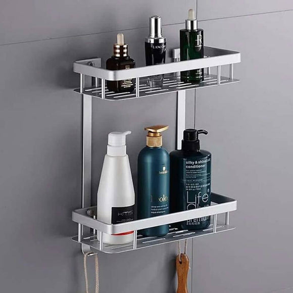 High Quality 2 Tier Bathroom Storage Organizer Holder Shelf With Hooks
