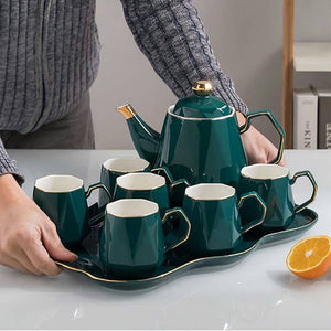 8 Pieces Green British Porcelain Tea Set With Tray