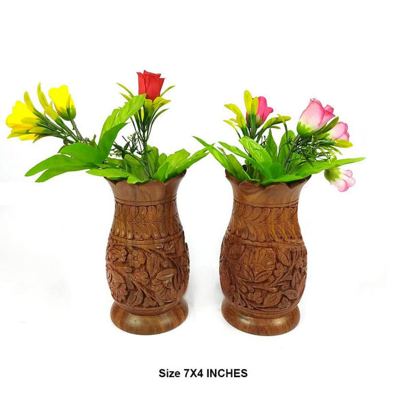Flower Vase Carving Pair Wooden Handicrafted Home Decor
