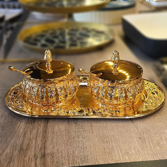 Stainless Steel Royal Golden Sugar Pots with Tray And Spoons