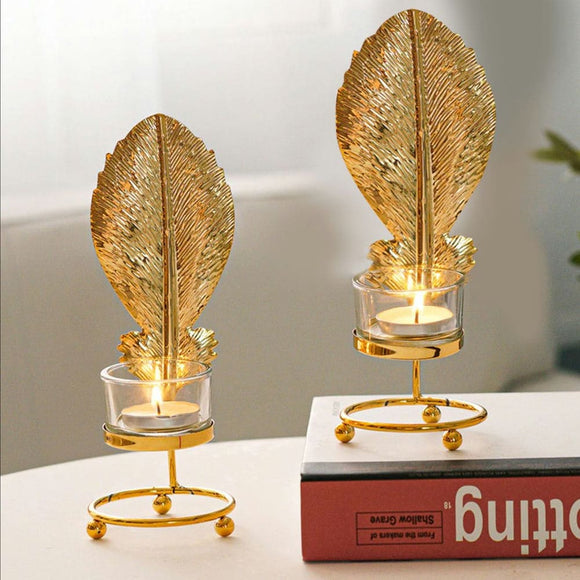 Metal Candle Holder Gold Leaves Candlestick