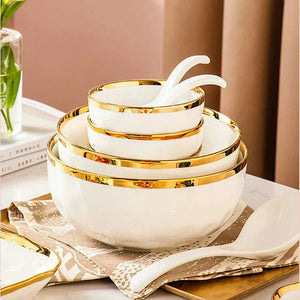 7pcs Ceramic Soup & Salad Bowls - White & Golden