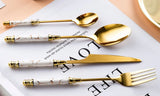 Stainless Steel Gold Cutlery with White Marblene Pattern Handle-4 Pcs