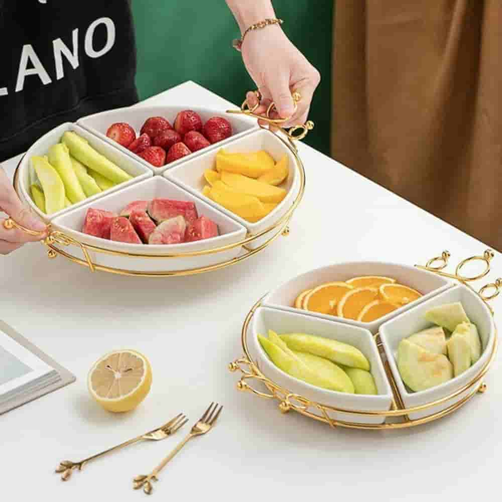 Nordic Luxury Ceramic Fruit Bowl Dessert Plate Crown Tray Dried Fruit Four Grid Snack Plate Large